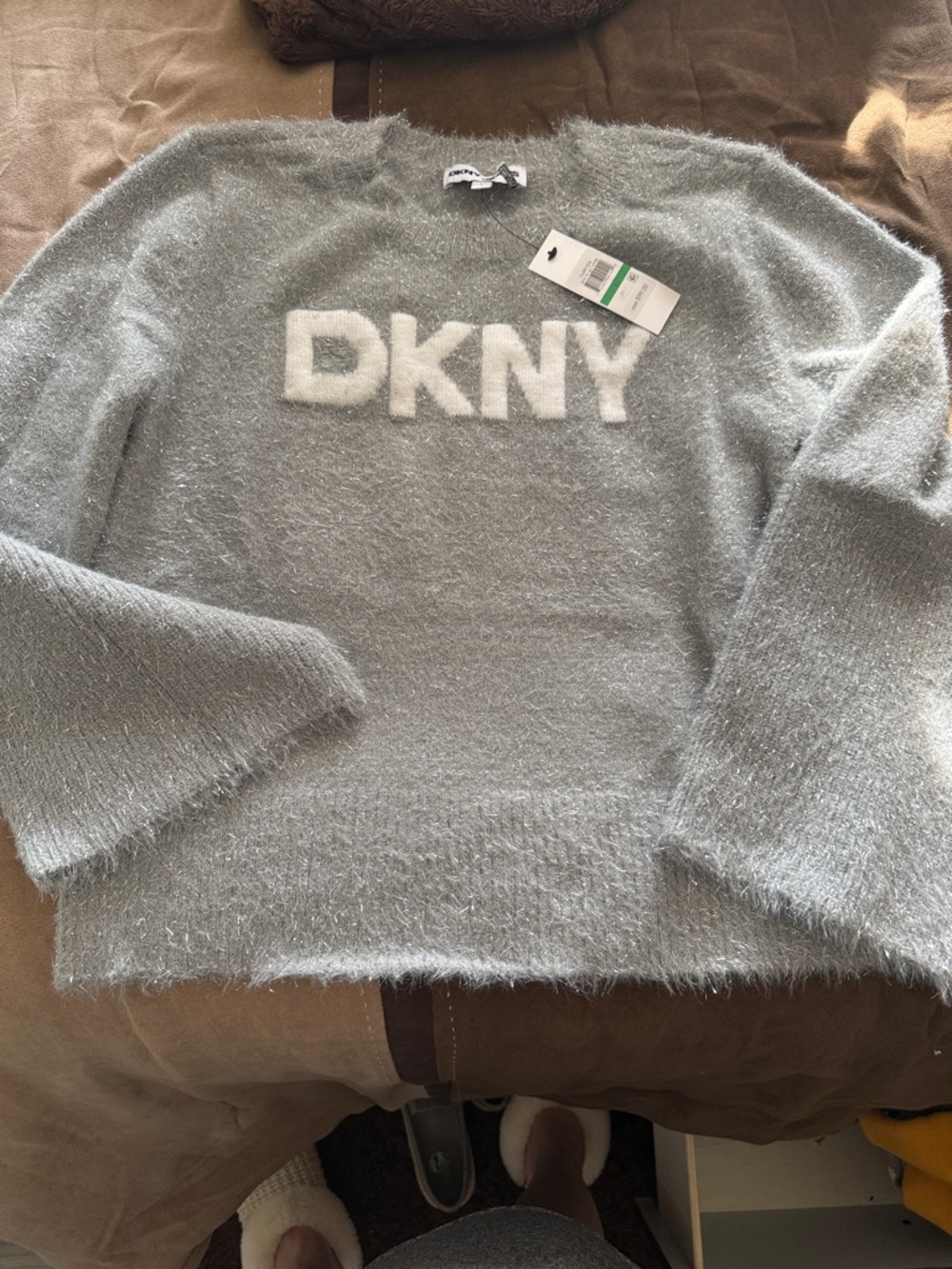 DKNY Light Gray Fuzzy Logo Crewneck Sweater with White DKNY
